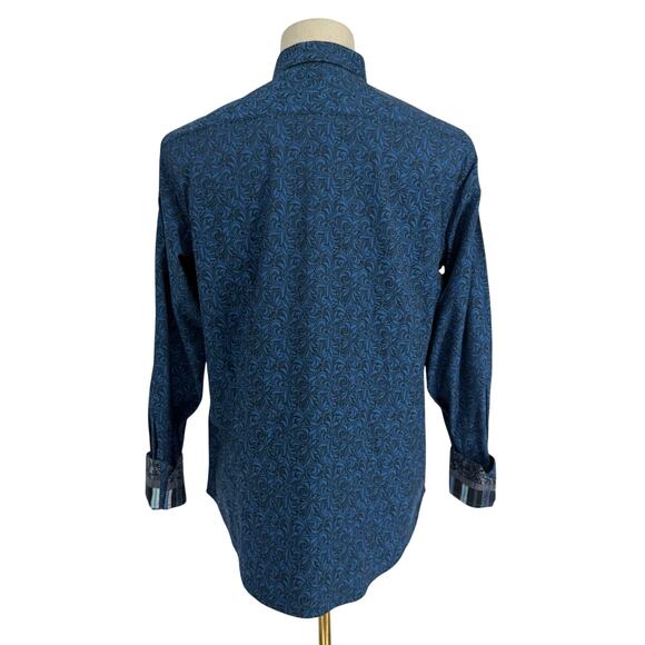 Robert Graham Woven Button Front Long Sleeve Bogart Navy Blue Black Damask M - Picture 2 of 9